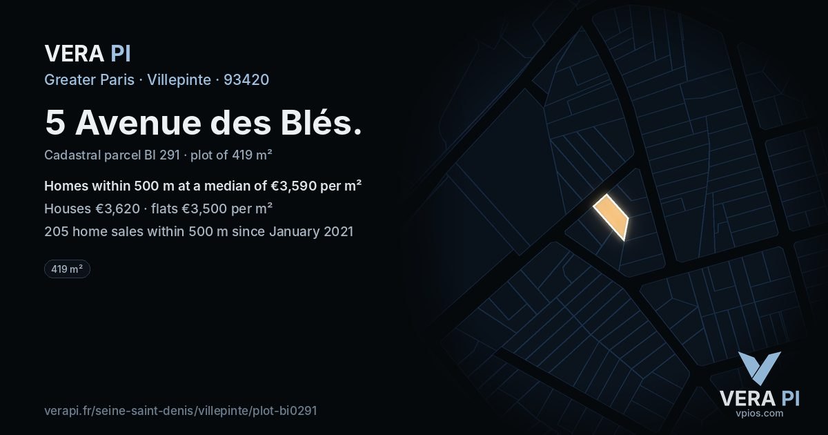 5 Avenue des Blés, Villepinte at night – the plot lit, the parcels around coloured by the prices near them