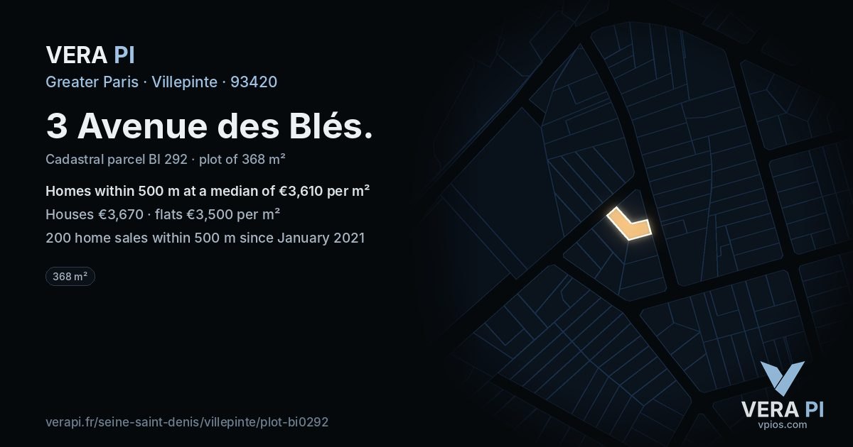 3 Avenue des Blés, Villepinte at night – the plot lit, the parcels around coloured by the prices near them