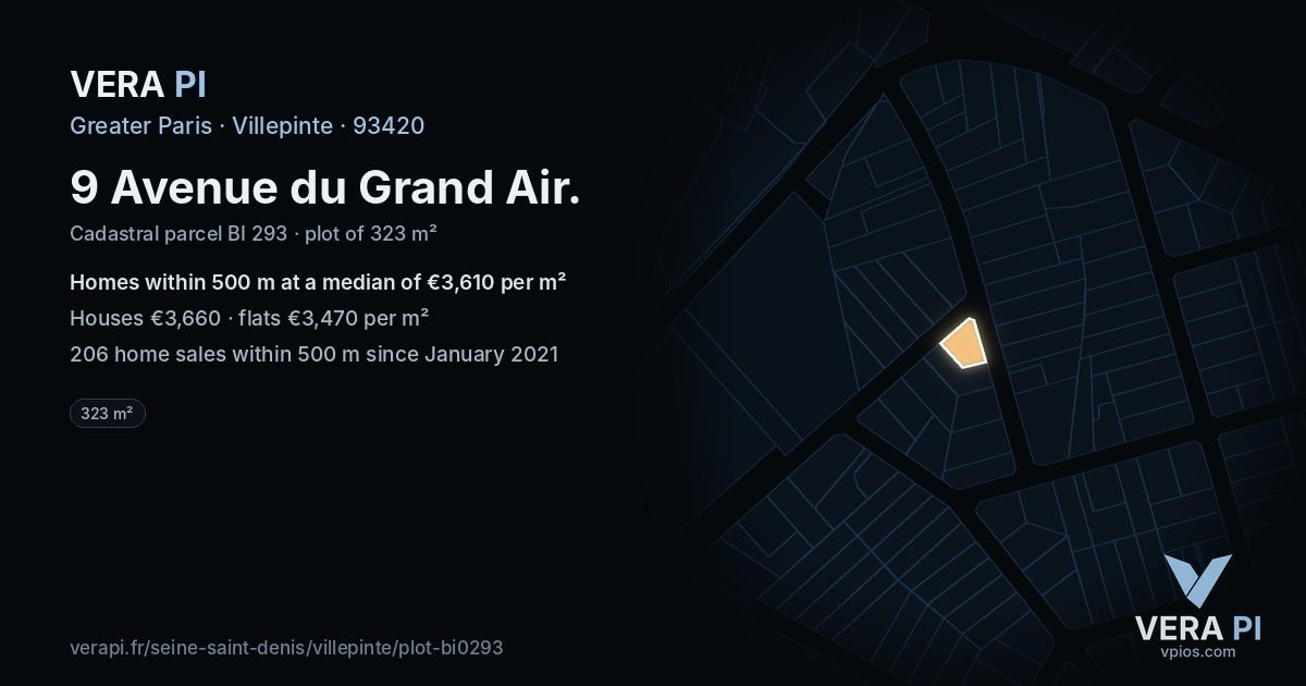 9 Avenue du Grand Air, Villepinte at night – the plot lit, the parcels around coloured by the prices near them