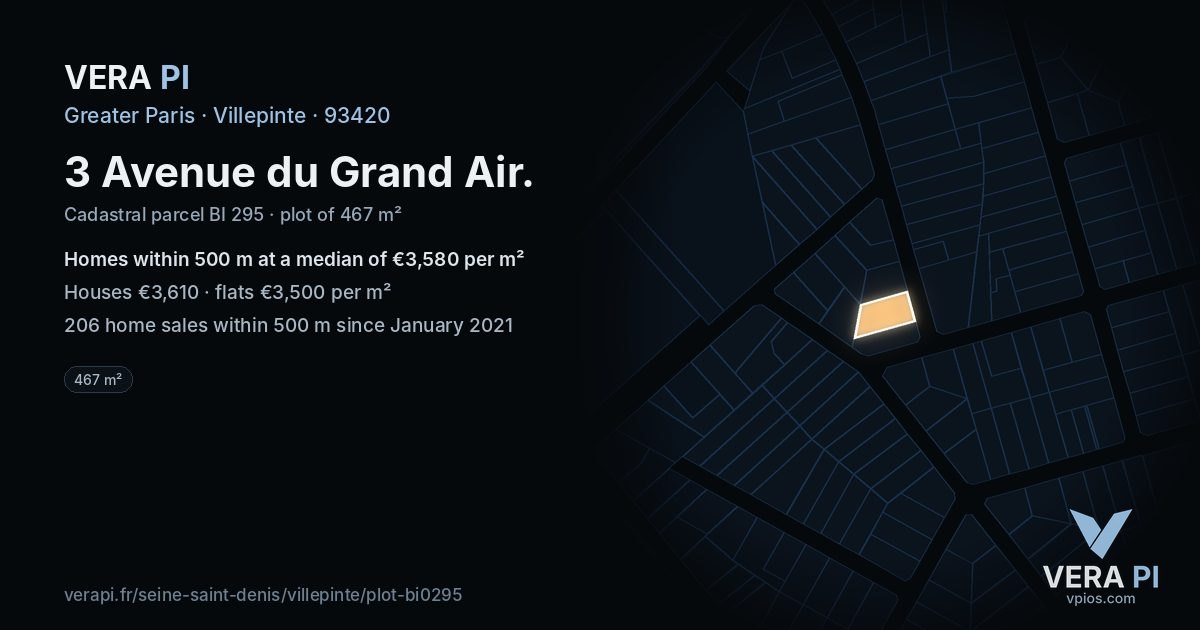 3 Avenue du Grand Air, Villepinte at night – the plot lit, the parcels around coloured by the prices near them