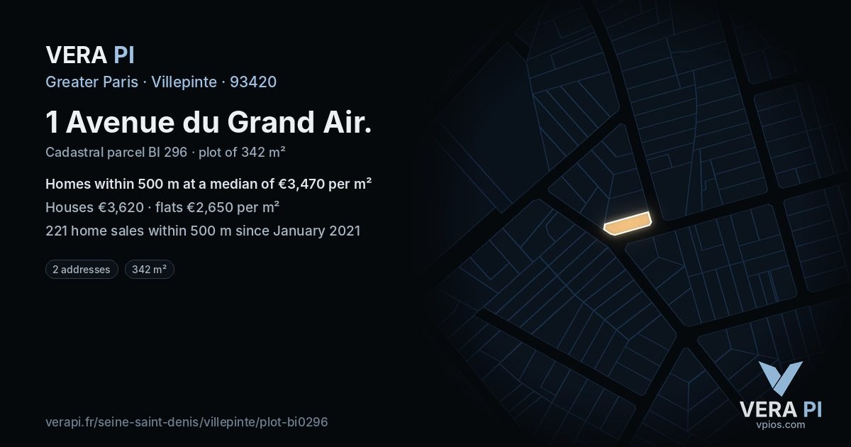 1 Avenue du Grand Air, Villepinte at night – the plot lit, the parcels around coloured by the prices near them