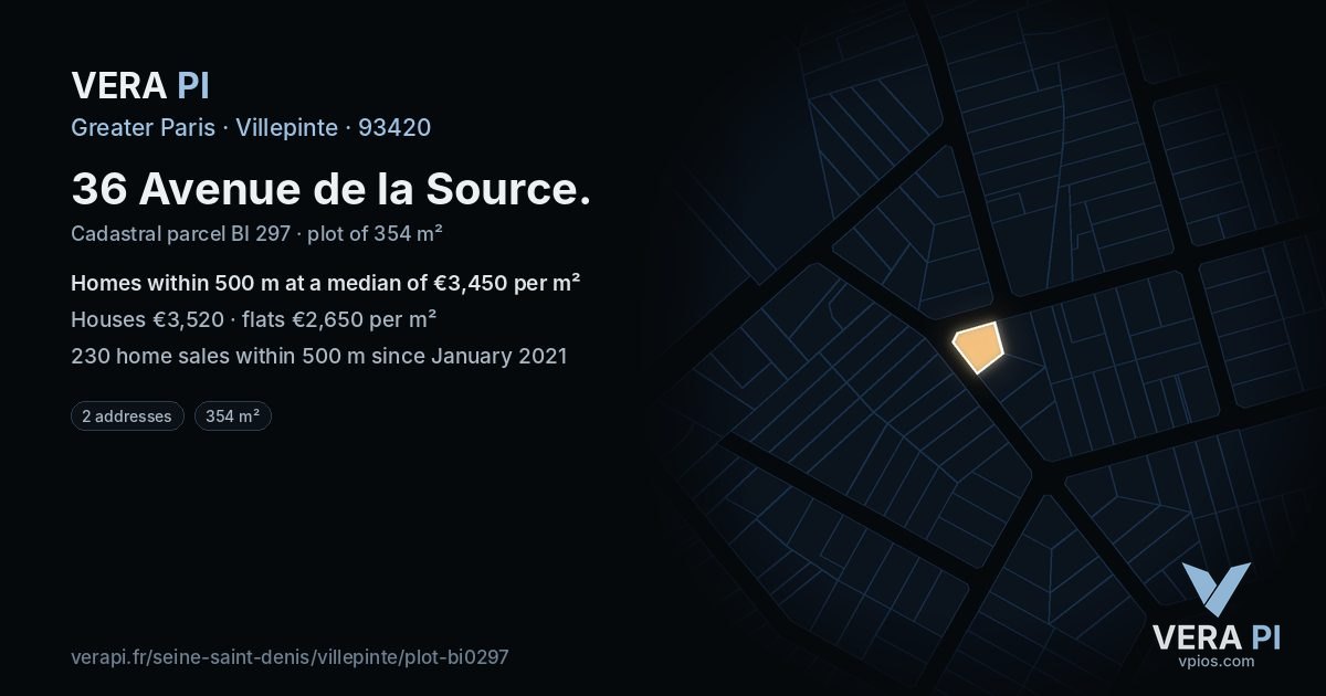 36 Avenue de la Source, Villepinte at night – the plot lit, the parcels around coloured by the prices near them