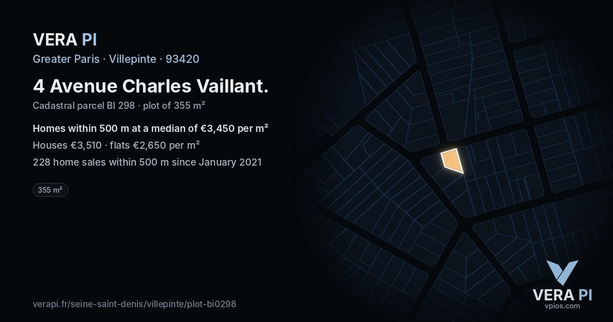 4 Avenue Charles Vaillant, Villepinte at night – the plot lit, the parcels around coloured by the prices near them