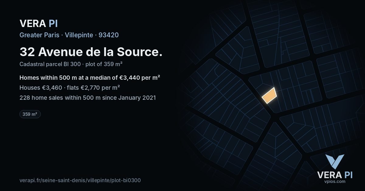 32 Avenue de la Source, Villepinte at night – the plot lit, the parcels around coloured by the prices near them