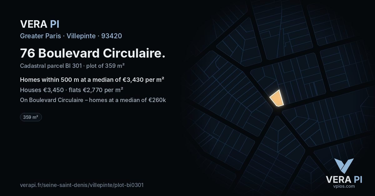 76 Boulevard Circulaire, Villepinte at night – the plot lit, the parcels around coloured by the prices near them