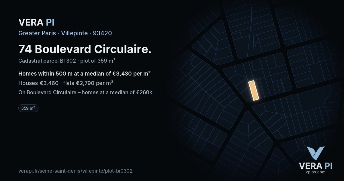 74 Boulevard Circulaire, Villepinte at night – the plot lit, the parcels around coloured by the prices near them
