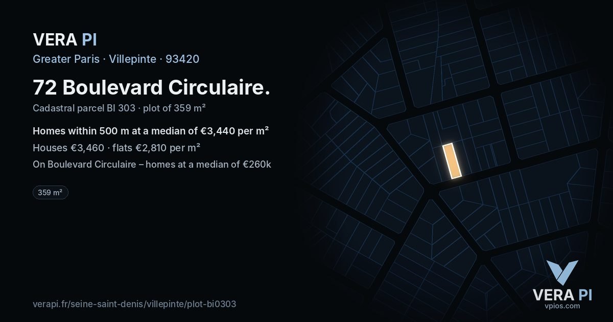 72 Boulevard Circulaire, Villepinte at night – the plot lit, the parcels around coloured by the prices near them
