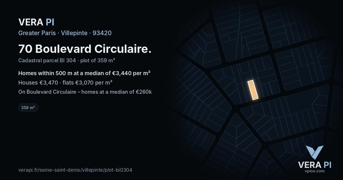 70 Boulevard Circulaire, Villepinte at night – the plot lit, the parcels around coloured by the prices near them