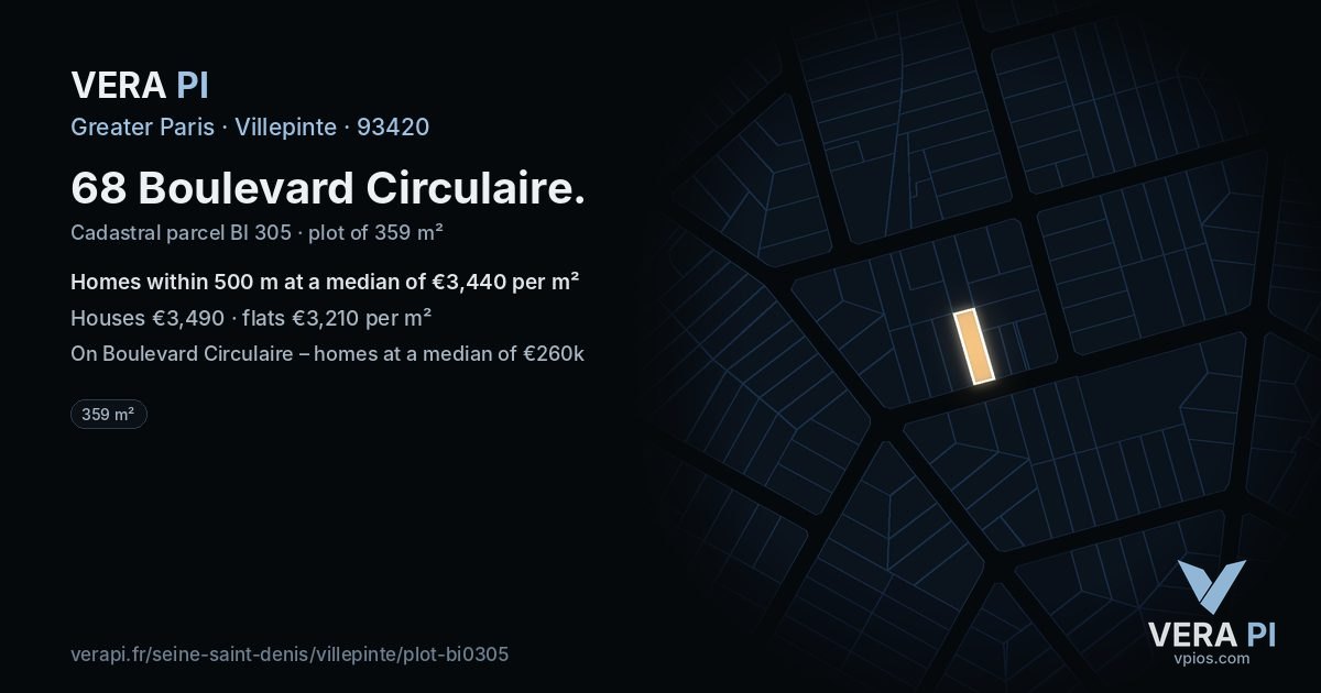 68 Boulevard Circulaire, Villepinte at night – the plot lit, the parcels around coloured by the prices near them