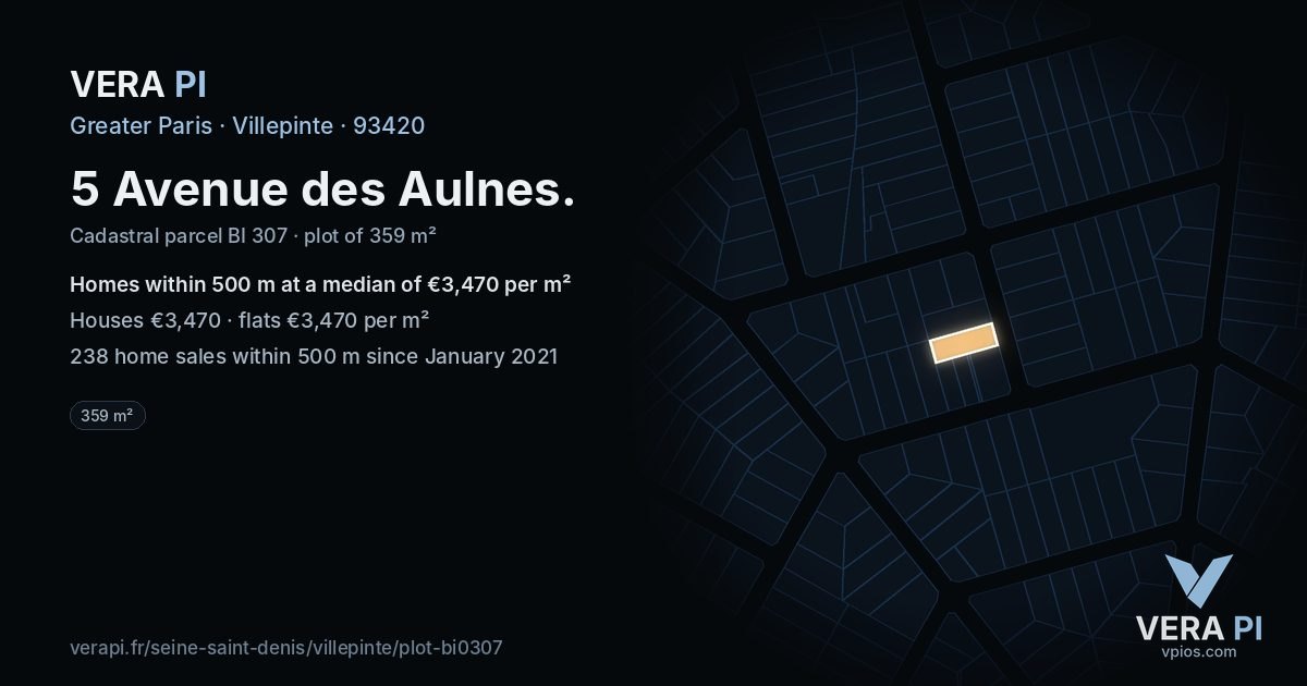 5 Avenue des Aulnes, Villepinte at night – the plot lit, the parcels around coloured by the prices near them