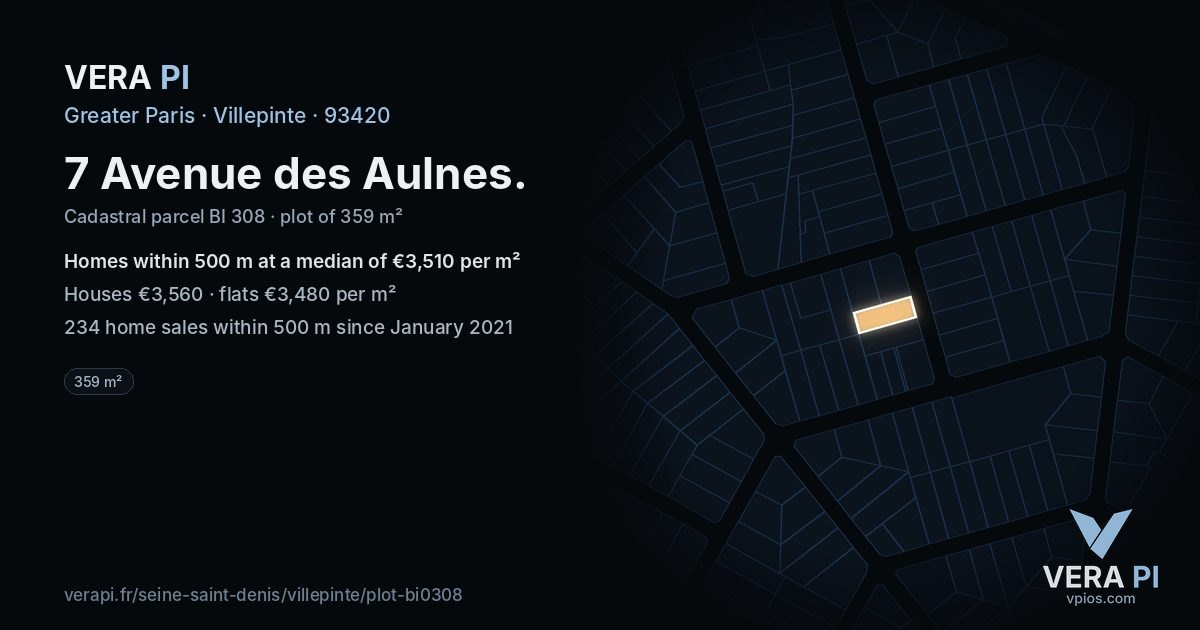 7 Avenue des Aulnes, Villepinte at night – the plot lit, the parcels around coloured by the prices near them