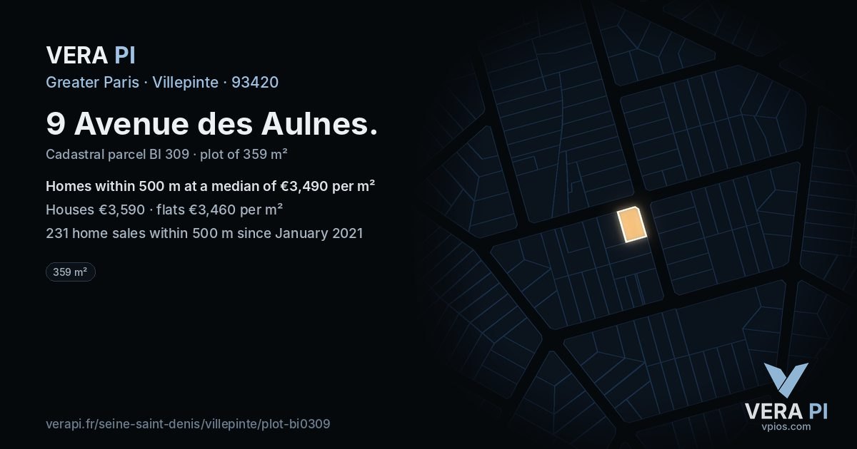 9 Avenue des Aulnes, Villepinte at night – the plot lit, the parcels around coloured by the prices near them