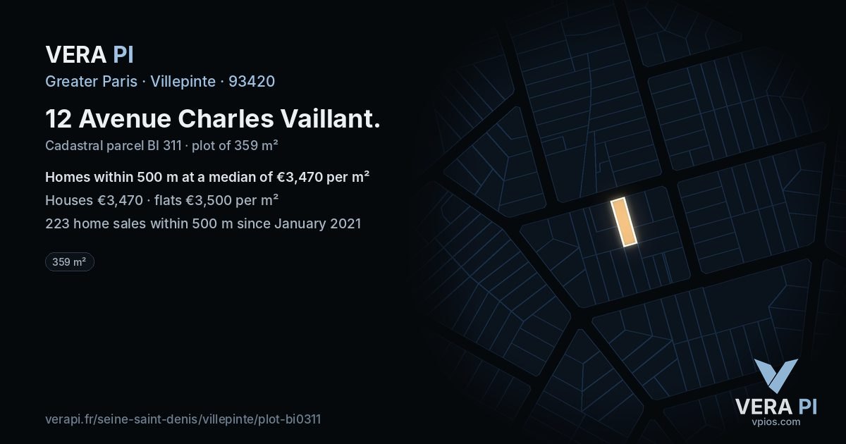 12 Avenue Charles Vaillant, Villepinte at night – the plot lit, the parcels around coloured by the prices near them