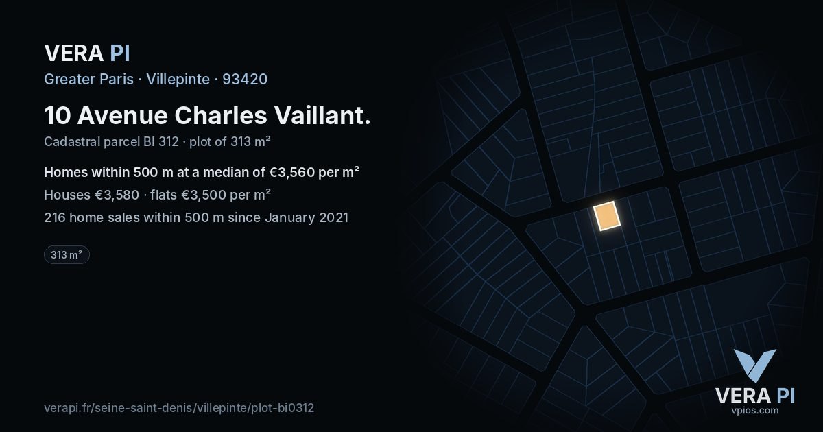 10 Avenue Charles Vaillant, Villepinte at night – the plot lit, the parcels around coloured by the prices near them