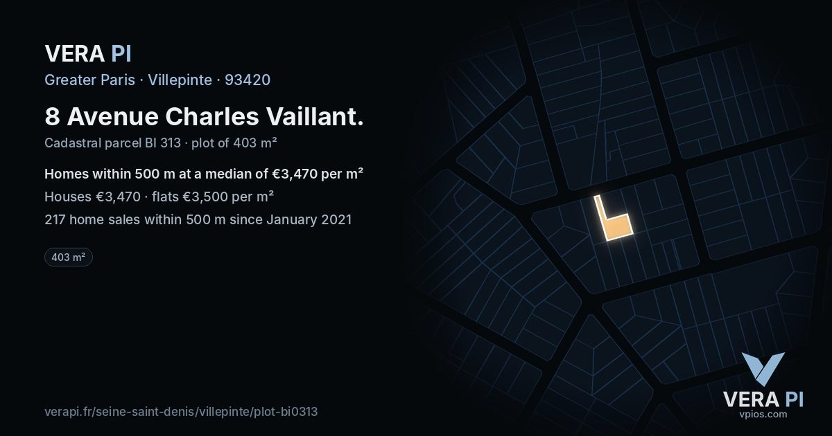 8 Avenue Charles Vaillant, Villepinte at night – the plot lit, the parcels around coloured by the prices near them