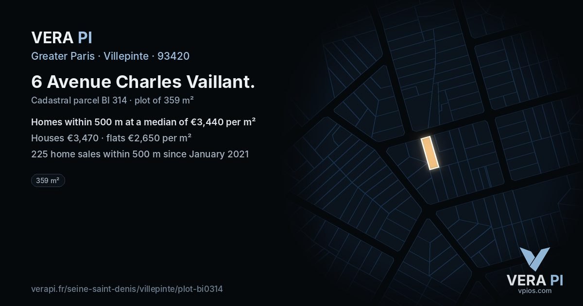 6 Avenue Charles Vaillant, Villepinte at night – the plot lit, the parcels around coloured by the prices near them