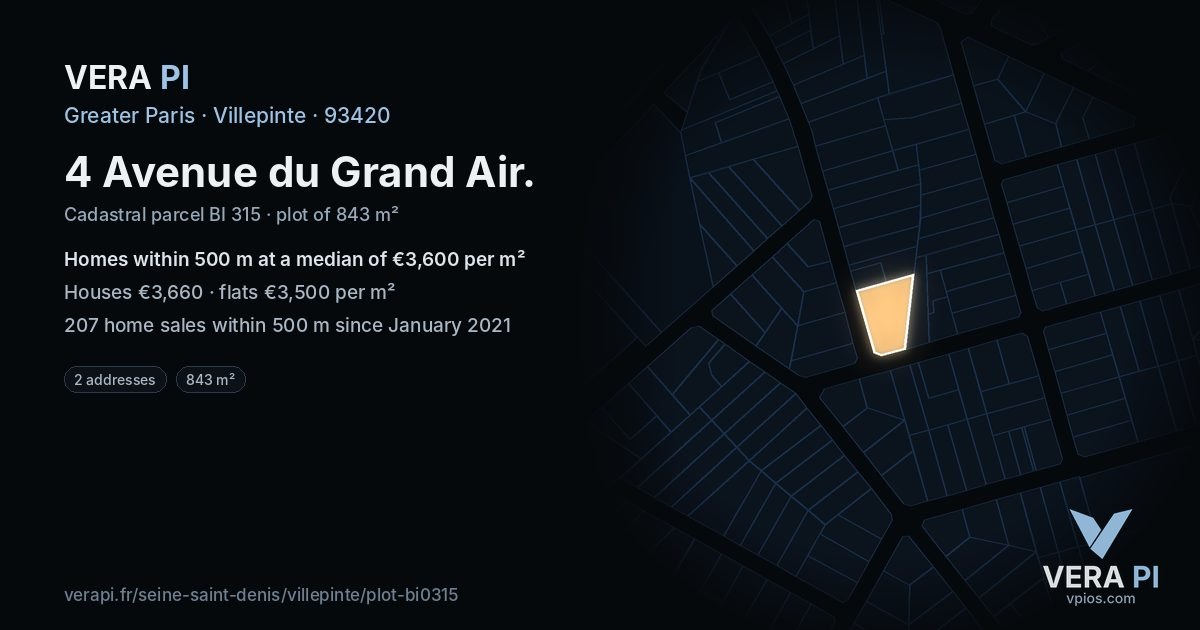4 Avenue du Grand Air, Villepinte at night – the plot lit, the parcels around coloured by the prices near them
