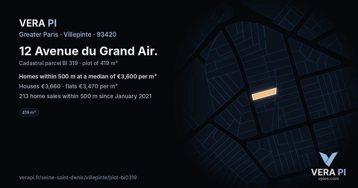 12 Avenue du Grand Air, Villepinte at night – the plot lit, the parcels around coloured by the prices near them