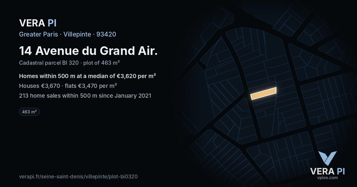14 Avenue du Grand Air, Villepinte at night – the plot lit, the parcels around coloured by the prices near them