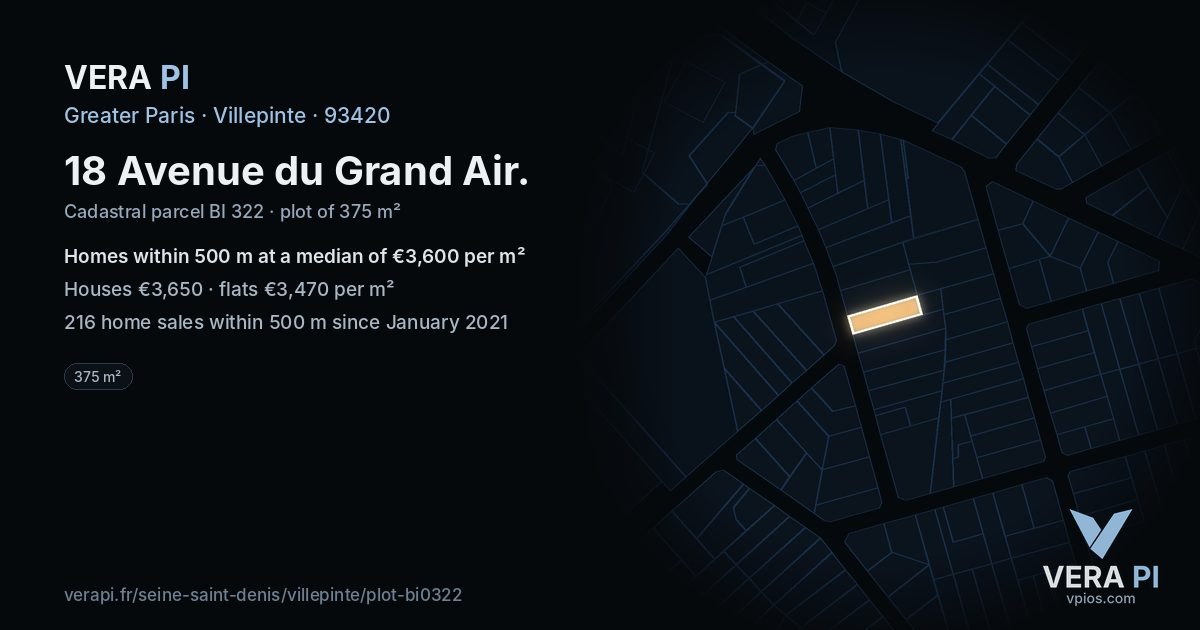 18 Avenue du Grand Air, Villepinte at night – the plot lit, the parcels around coloured by the prices near them