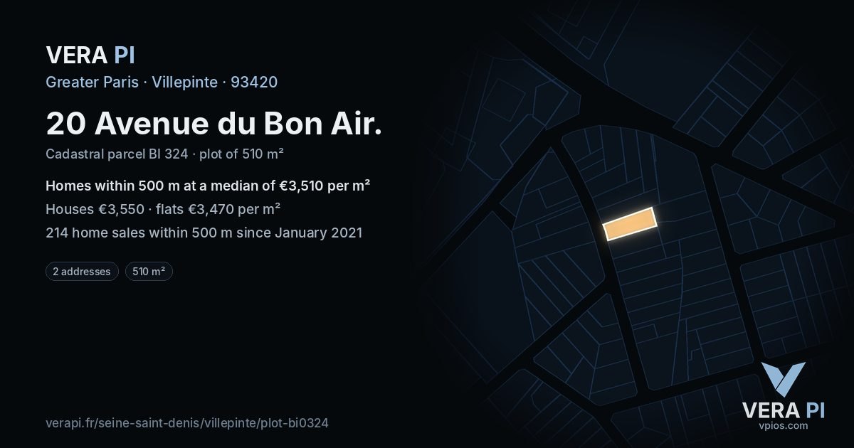 20 Avenue du Bon Air, Villepinte at night – the plot lit, the parcels around coloured by the prices near them