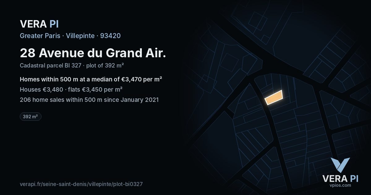28 Avenue du Grand Air, Villepinte at night – the plot lit, the parcels around coloured by the prices near them
