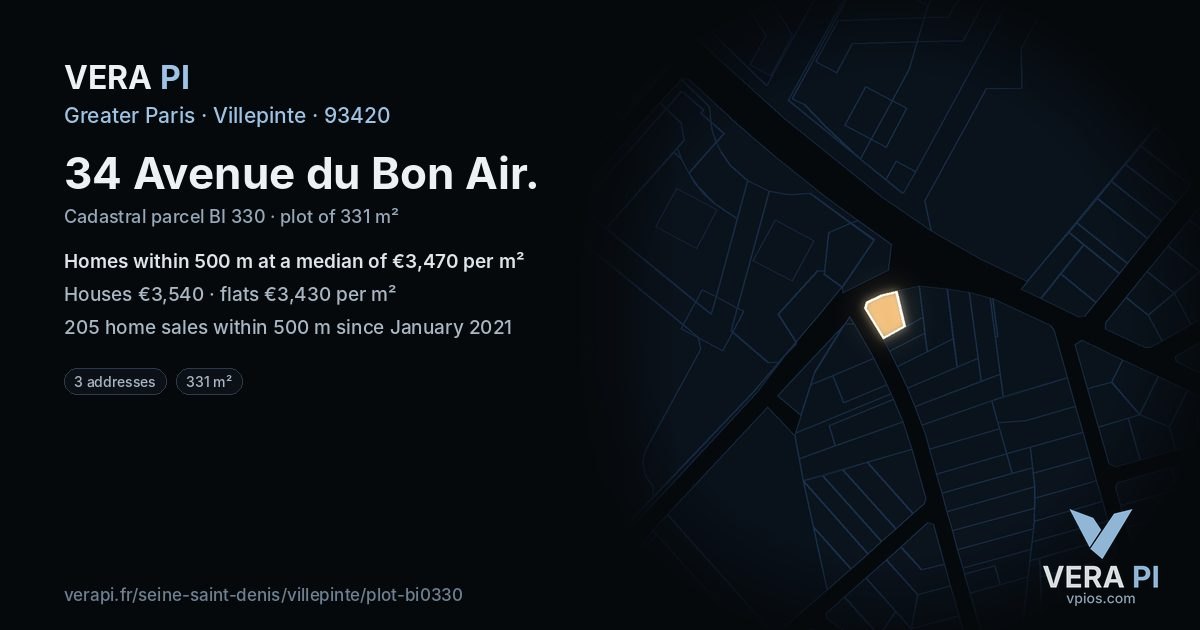 34 Avenue du Bon Air, Villepinte at night – the plot lit, the parcels around coloured by the prices near them