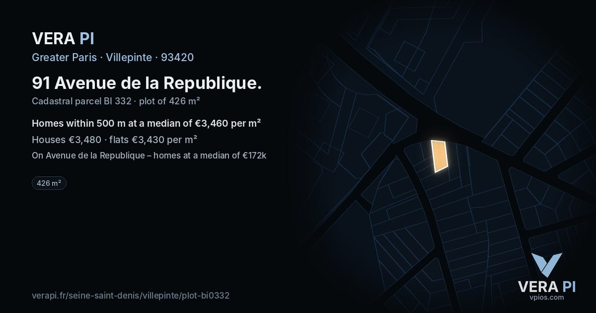 91 Avenue de la Republique, Villepinte at night – the plot lit, the parcels around coloured by the prices near them