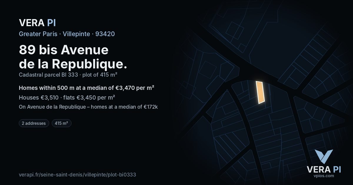 89 bis Avenue de la Republique, Villepinte at night – the plot lit, the parcels around coloured by the prices near them