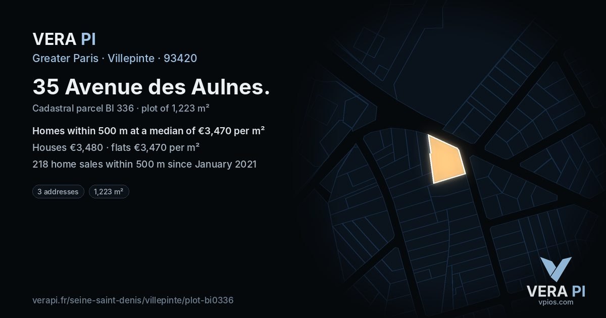 35 Avenue des Aulnes, Villepinte at night – the plot lit, the parcels around coloured by the prices near them