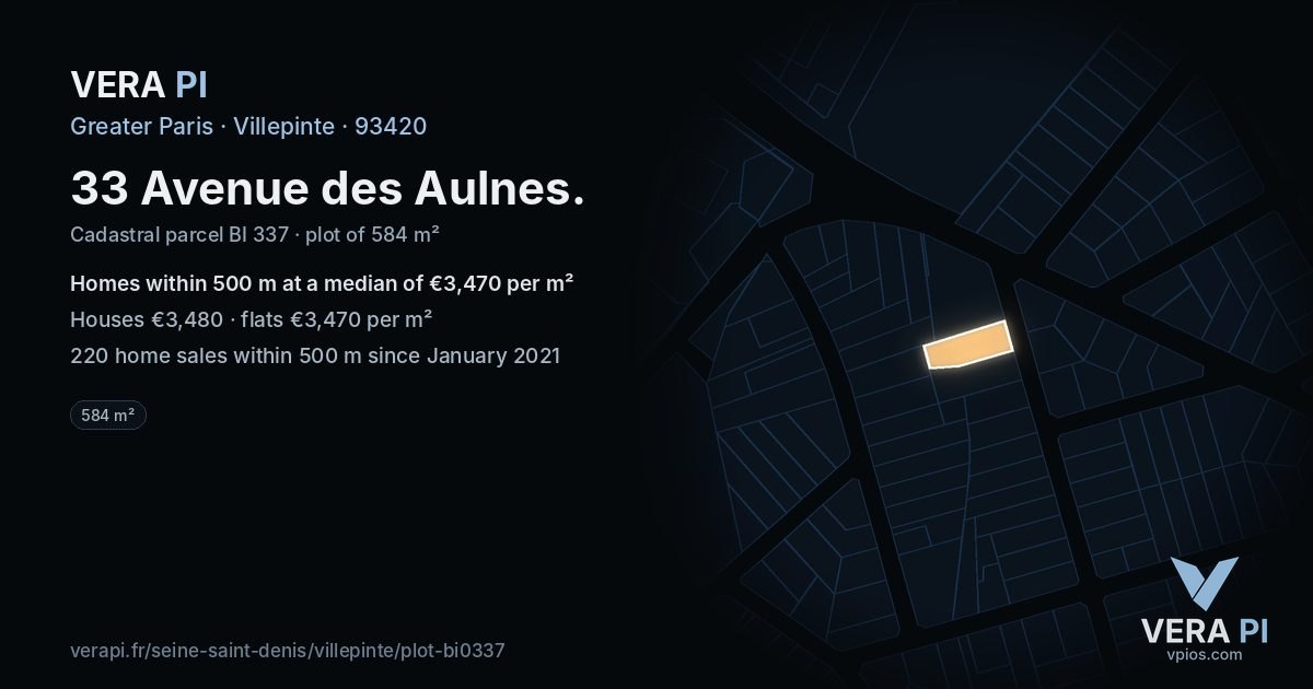 33 Avenue des Aulnes, Villepinte at night – the plot lit, the parcels around coloured by the prices near them