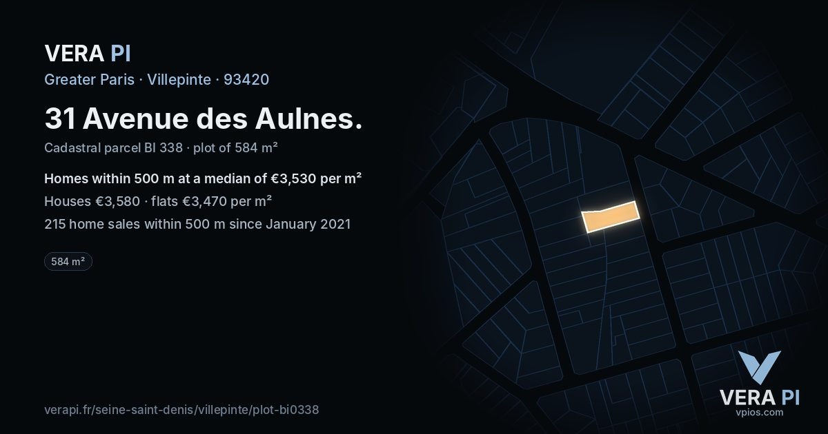 31 Avenue des Aulnes, Villepinte at night – the plot lit, the parcels around coloured by the prices near them