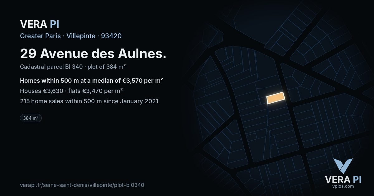 29 Avenue des Aulnes, Villepinte at night – the plot lit, the parcels around coloured by the prices near them
