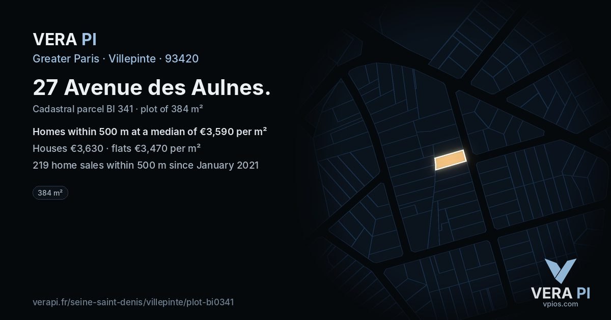 27 Avenue des Aulnes, Villepinte at night – the plot lit, the parcels around coloured by the prices near them