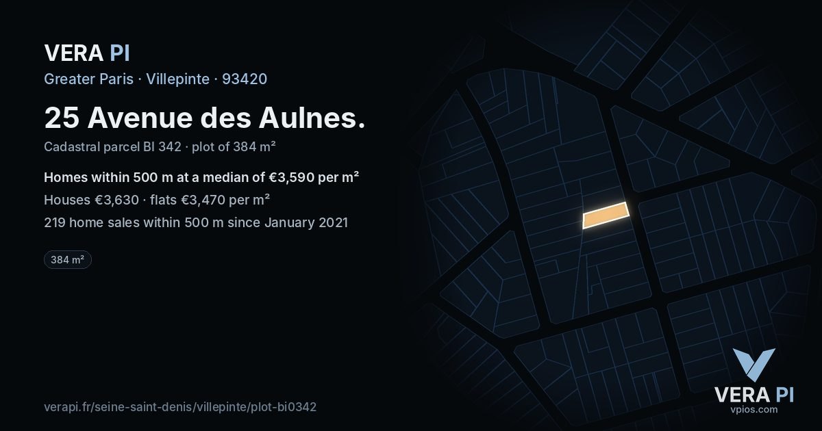 25 Avenue des Aulnes, Villepinte at night – the plot lit, the parcels around coloured by the prices near them