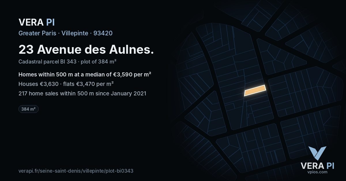 23 Avenue des Aulnes, Villepinte at night – the plot lit, the parcels around coloured by the prices near them