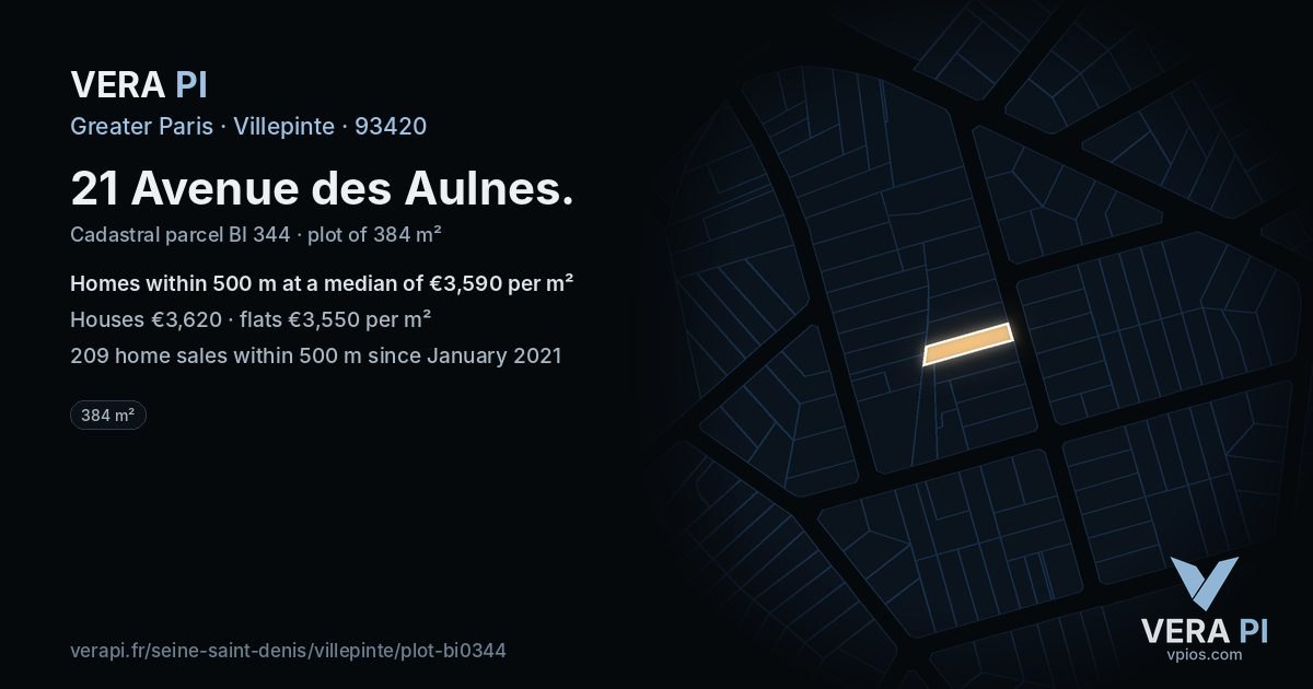 21 Avenue des Aulnes, Villepinte at night – the plot lit, the parcels around coloured by the prices near them