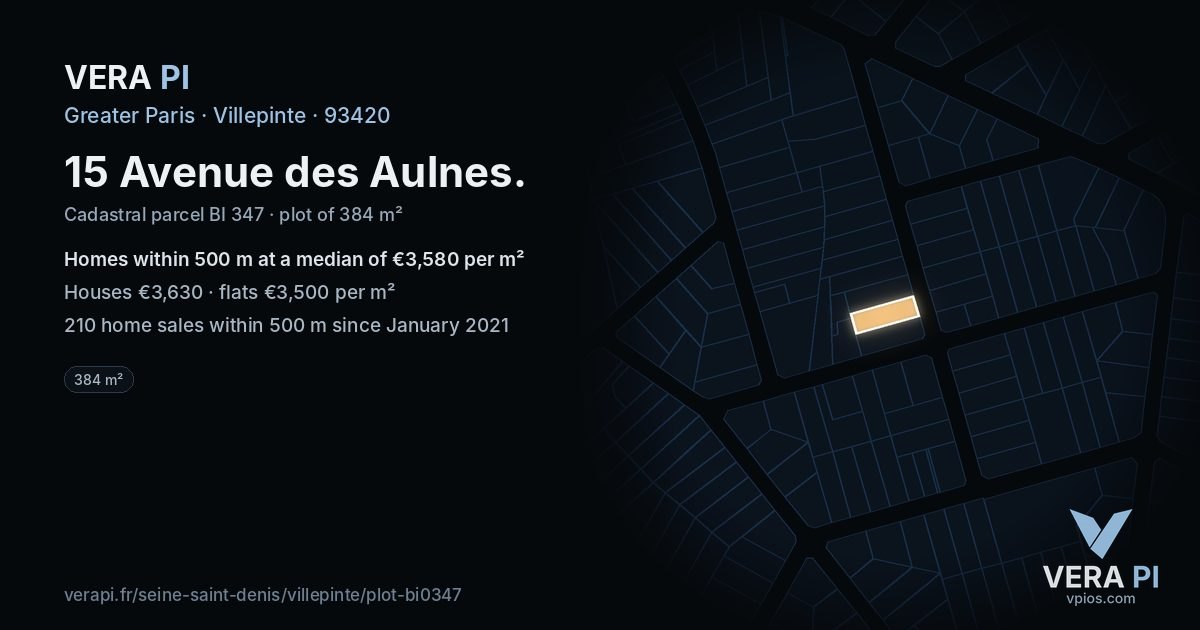 15 Avenue des Aulnes, Villepinte at night – the plot lit, the parcels around coloured by the prices near them