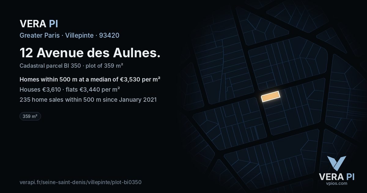12 Avenue des Aulnes, Villepinte at night – the plot lit, the parcels around coloured by the prices near them