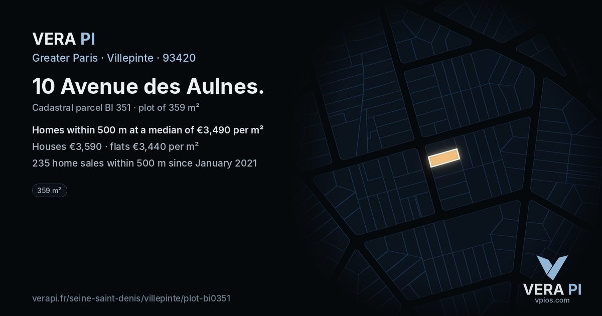 10 Avenue des Aulnes, Villepinte at night – the plot lit, the parcels around coloured by the prices near them