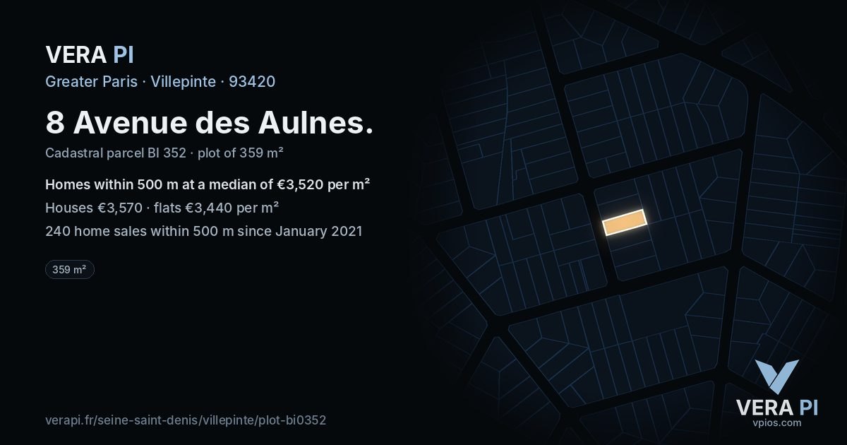 8 Avenue des Aulnes, Villepinte at night – the plot lit, the parcels around coloured by the prices near them