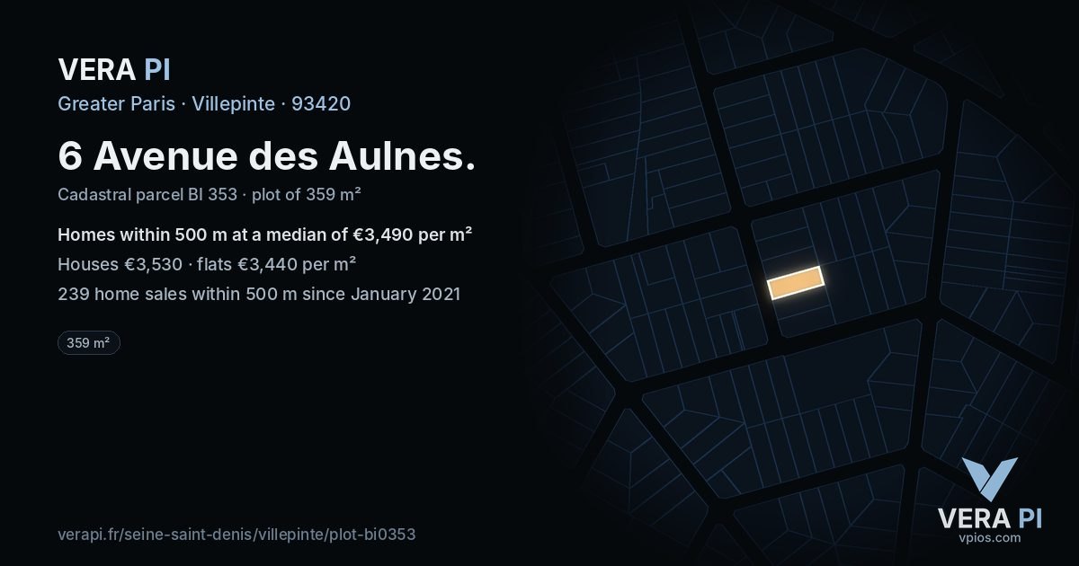 6 Avenue des Aulnes, Villepinte at night – the plot lit, the parcels around coloured by the prices near them