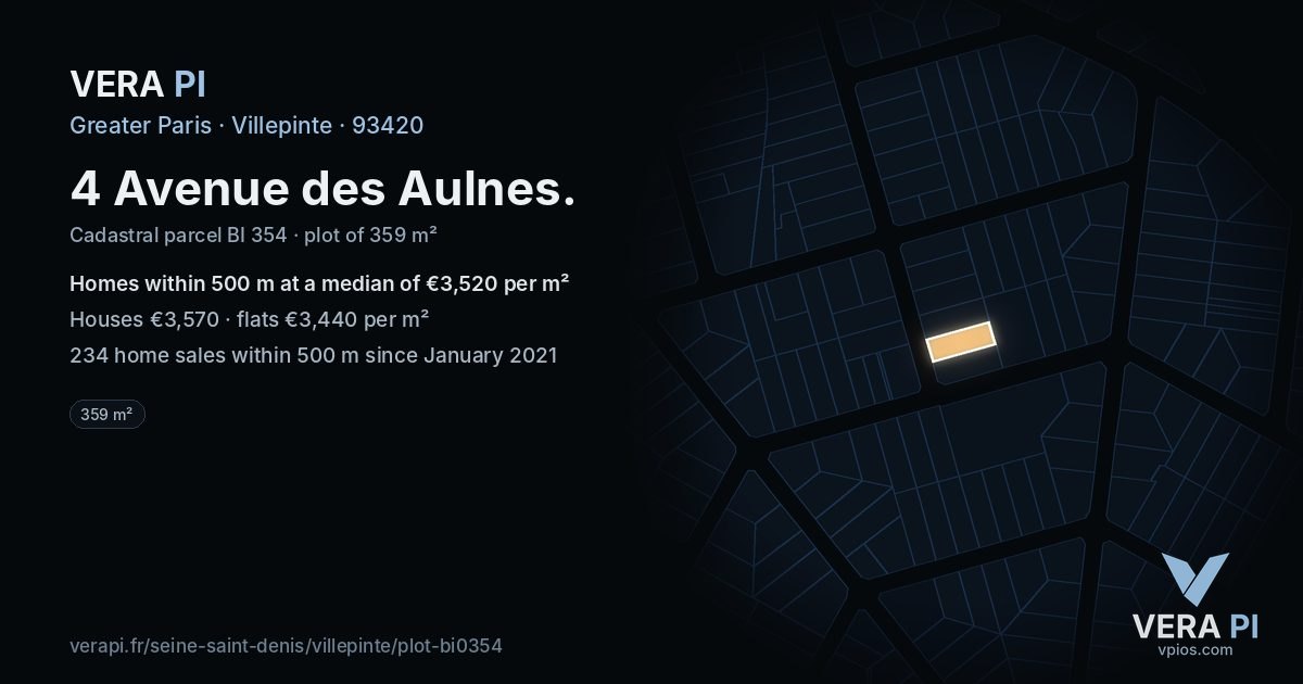 4 Avenue des Aulnes, Villepinte at night – the plot lit, the parcels around coloured by the prices near them
