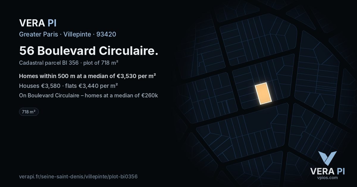 56 Boulevard Circulaire, Villepinte at night – the plot lit, the parcels around coloured by the prices near them