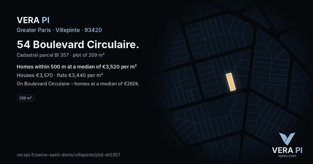 54 Boulevard Circulaire, Villepinte at night – the plot lit, the parcels around coloured by the prices near them