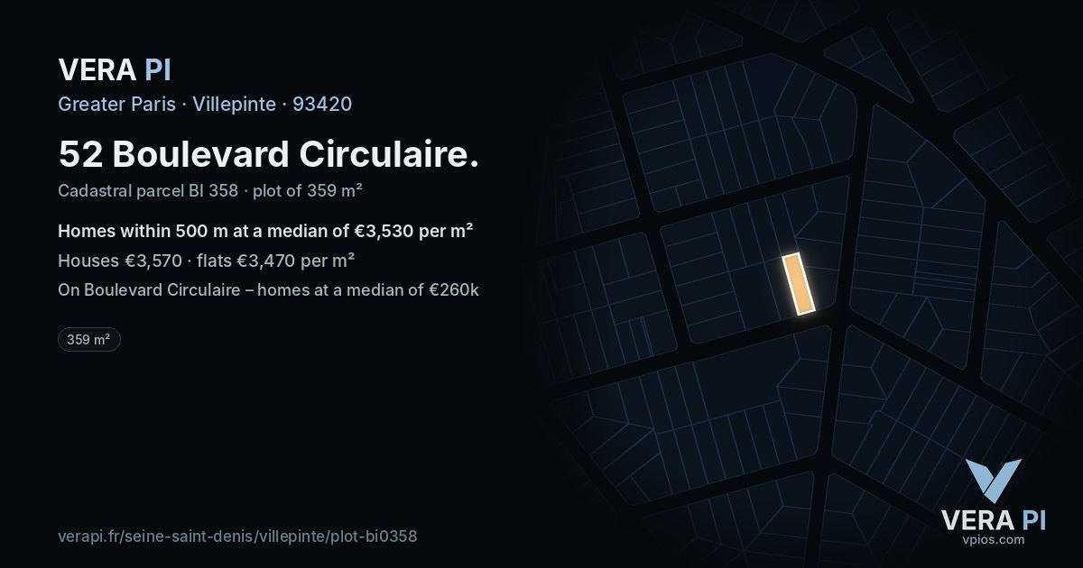 52 Boulevard Circulaire, Villepinte at night – the plot lit, the parcels around coloured by the prices near them