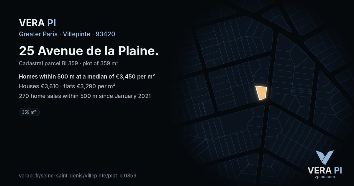 25 Avenue de la Plaine, Villepinte at night – the plot lit, the parcels around coloured by the prices near them