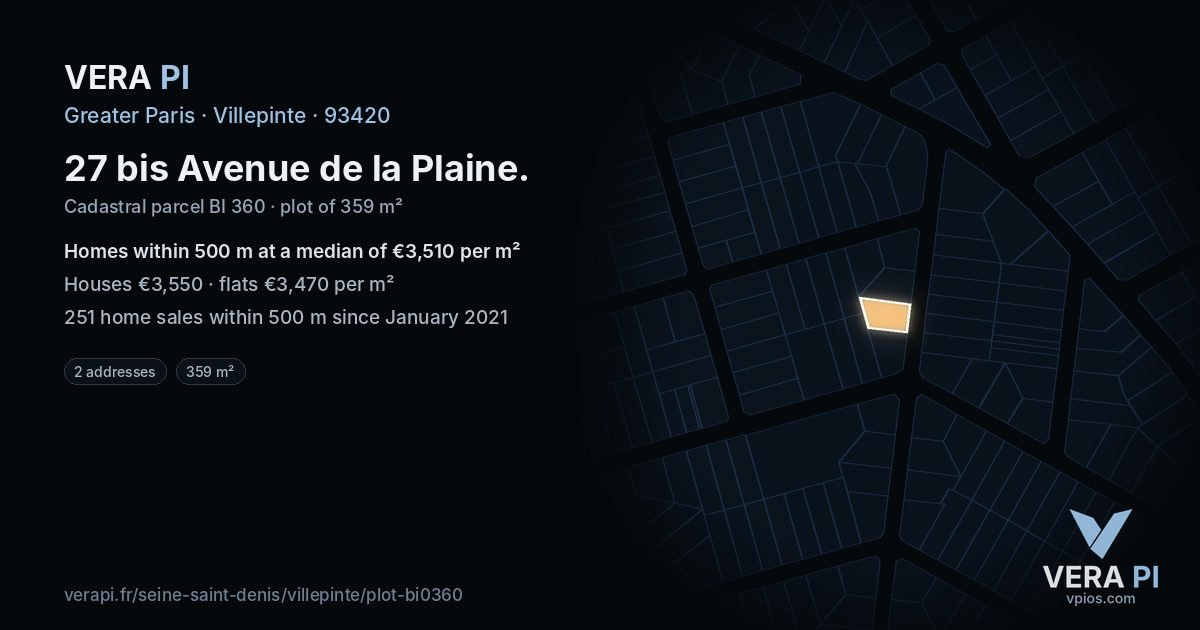 27 bis Avenue de la Plaine, Villepinte at night – the plot lit, the parcels around coloured by the prices near them