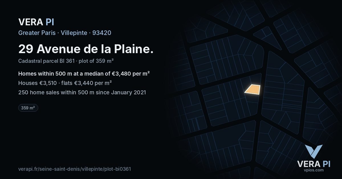 29 Avenue de la Plaine, Villepinte at night – the plot lit, the parcels around coloured by the prices near them