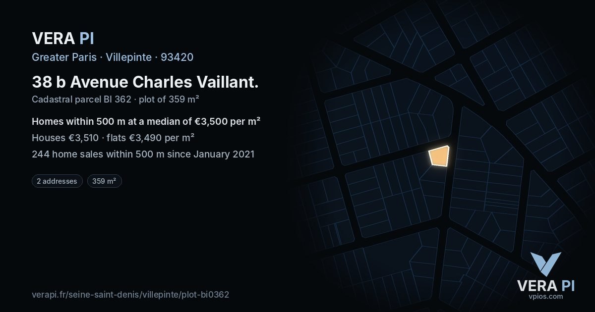 38 b Avenue Charles Vaillant, Villepinte at night – the plot lit, the parcels around coloured by the prices near them